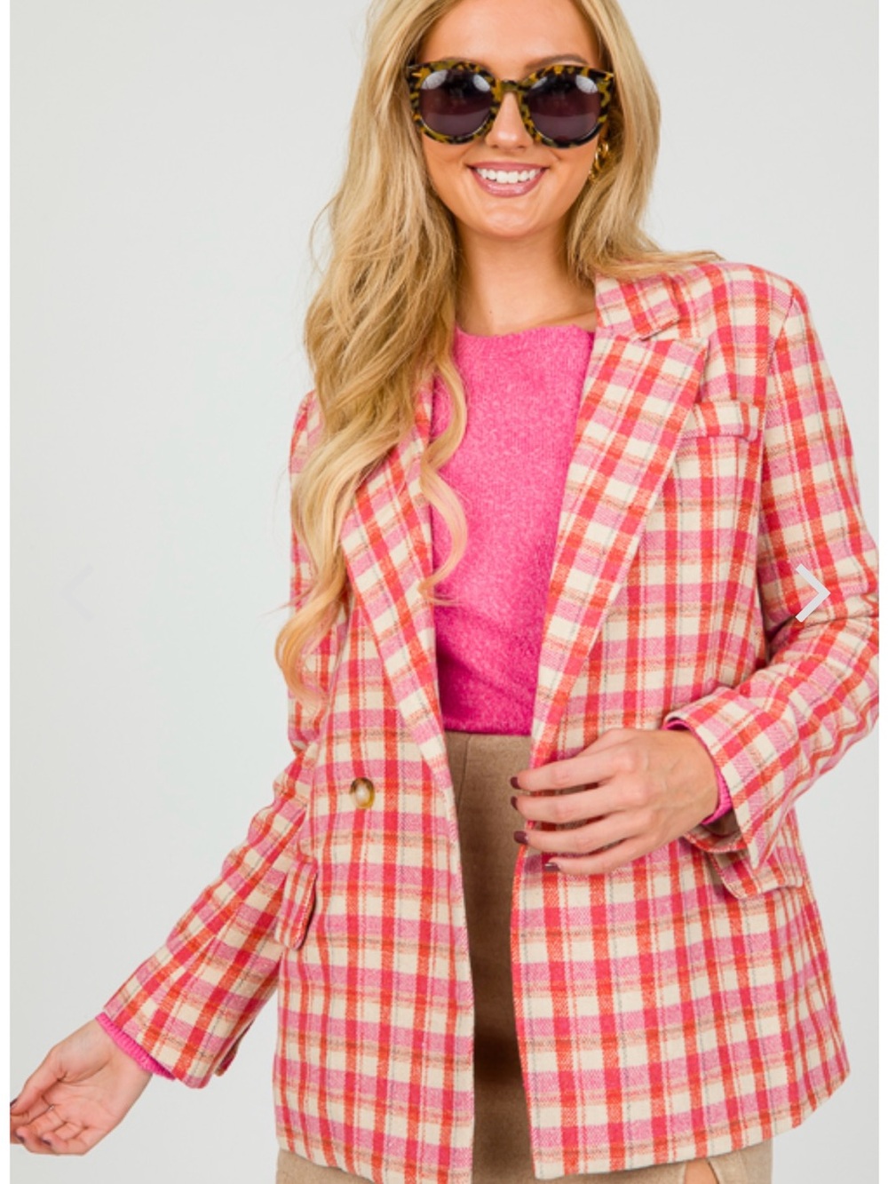 Plaid Pink Double-Breasted Blazer Jacket